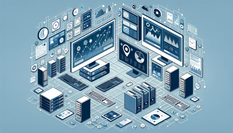 Ilustración digital de una red de dispositivos interconectados mostrando datos y análisis en un entorno empresarial